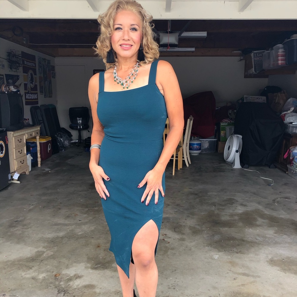 Turquoise dress with sexy slit in front size M, 16 inches PTP, 36 inches long